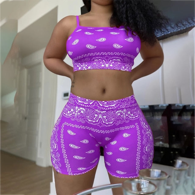 Fashion 2Pcs Set Women Sexy Casual Pattern Printing Clothes Sleeveless Tank Top T Shirt Shorts Suit Ladies Sleepwear Homewear