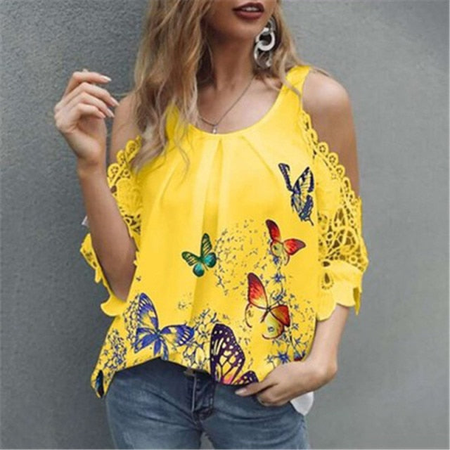 Off Shoulder Half Sleeve Blouse Women Shirt New Summer Party Ladies Tops Plus Size Bare Shoulders V Neck Lace Sexy Blouses