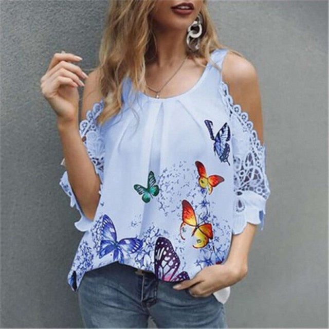 Off Shoulder Half Sleeve Blouse Women Shirt New Summer Party Ladies Tops Plus Size Bare Shoulders V Neck Lace Sexy Blouses