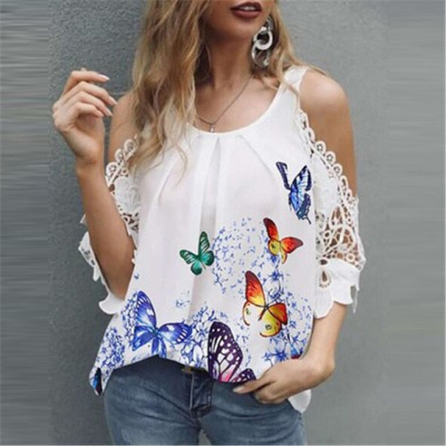 Off Shoulder Half Sleeve Blouse Women Shirt New Summer Party Ladies Tops Plus Size Bare Shoulders V Neck Lace Sexy Blouses