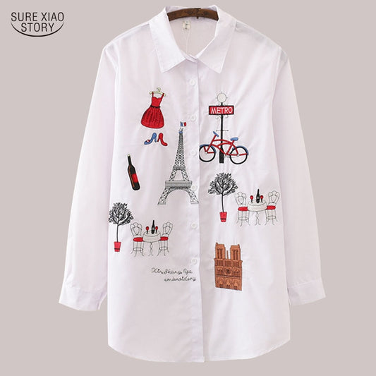 New White Women Blouse 2021 Long Sleeve Cotton Embroidery Blouse Lady Casual Button Design Turn Down Collar Female Shirt  5083