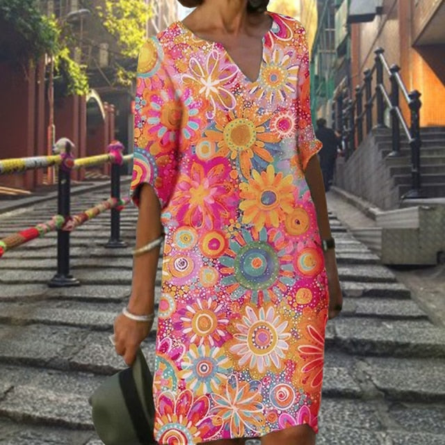 2021 New Woman Vintage Floral Print Dress Summer Fashion Slim V-Neck Half Sleeve Midi Dresses Female Elegant A-Line Beach Dress