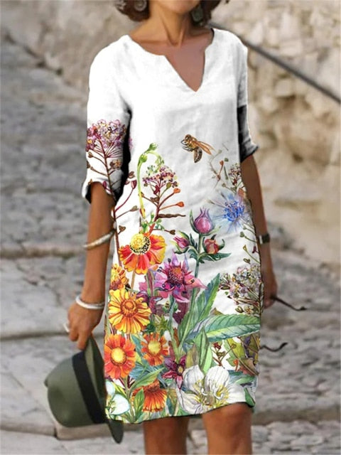 2021 New Woman Vintage Floral Print Dress Summer Fashion Slim V-Neck Half Sleeve Midi Dresses Female Elegant A-Line Beach Dress