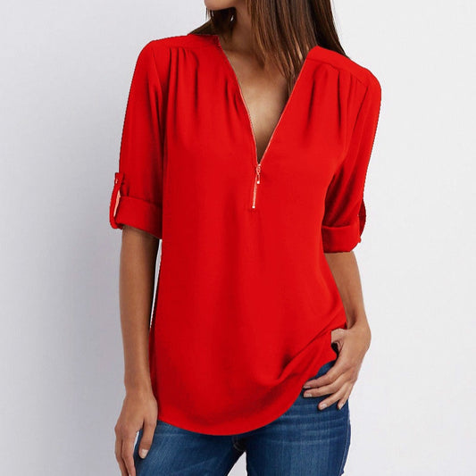 Zipper Short Sleeve Women Shirts 2021 Sexy V Neck Solid Womens Tops And Blouses Casual Tee Shirts Tops Female Clothes