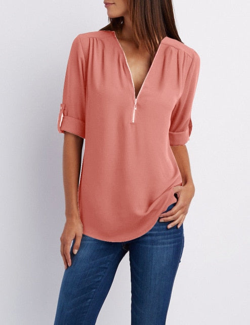 Zipper Short Sleeve Women Shirts 2021 Sexy V Neck Solid Womens Tops And Blouses Casual Tee Shirts Tops Female Clothes