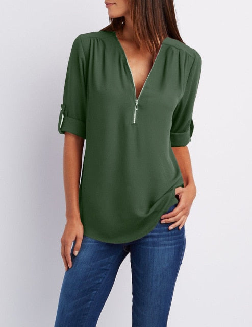 Zipper Short Sleeve Women Shirts 2021 Sexy V Neck Solid Womens Tops And Blouses Casual Tee Shirts Tops Female Clothes