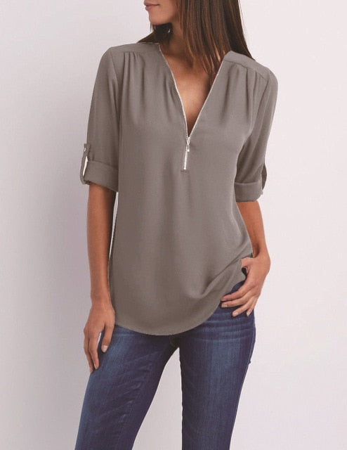 Zipper Short Sleeve Women Shirts 2021 Sexy V Neck Solid Womens Tops And Blouses Casual Tee Shirts Tops Female Clothes