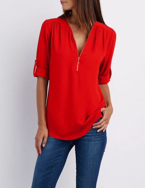 Zipper Short Sleeve Women Shirts 2021 Sexy V Neck Solid Womens Tops And Blouses Casual Tee Shirts Tops Female Clothes