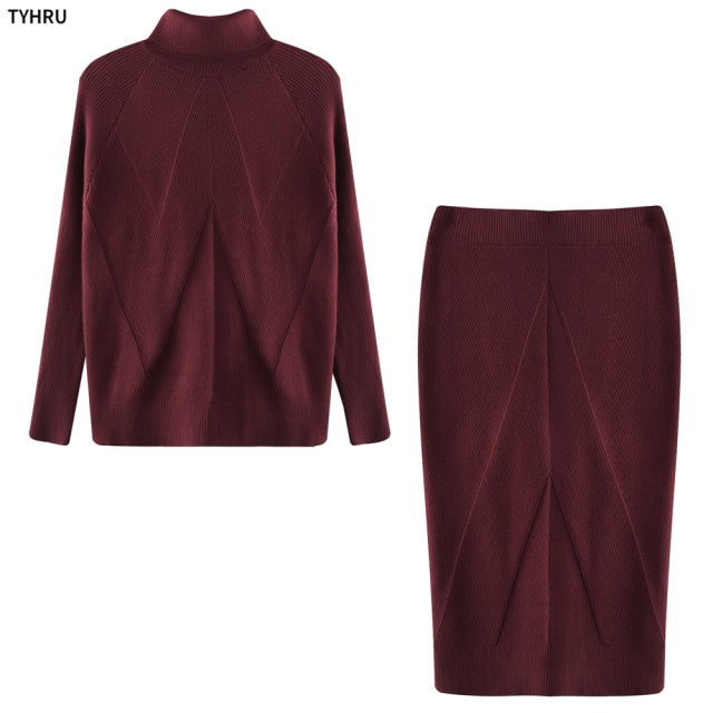 TYHUR Autumn Women's Knitting Costume Turtleneck Solid Color Pullover Sweater + Slim Skirt Two-Piece Set