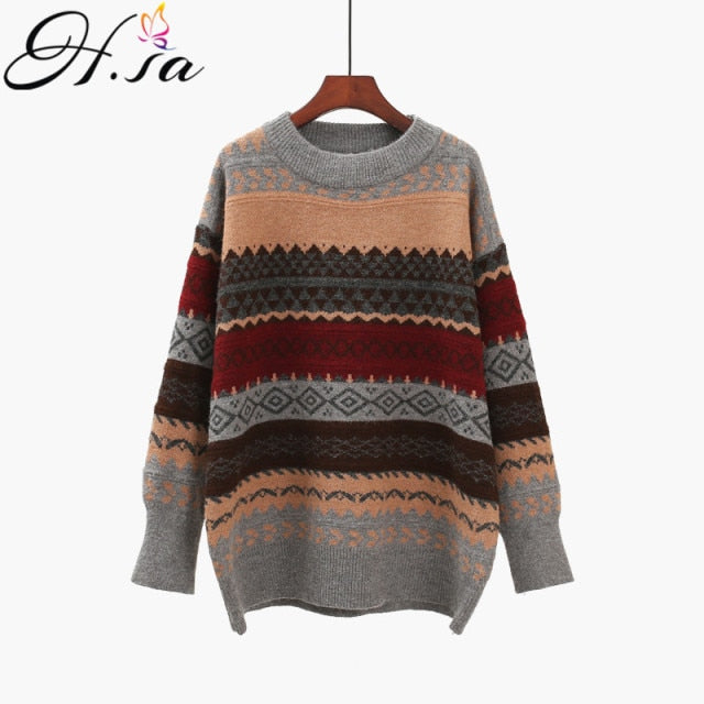 H.SA 2021 Winter Women Sweater Pullover Knit Jumpers Loose Striped Pull Jumpers Korean Style Knitwear Casual Top Argyle Sweater