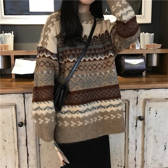 H.SA 2021 Winter Women Sweater Pullover Knit Jumpers Loose Striped Pull Jumpers Korean Style Knitwear Casual Top Argyle Sweater