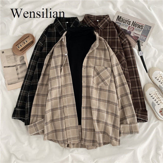 Women Shirt Plaid Female Oversize Blouse Korean Style Long Sleeves Collared Shirt Tops Casual Outwear Vintage Black Femme Blusas