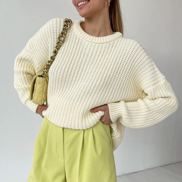 Women Solid Knitted Thickening Oversized Sweater Female Round Neck Long Sleeve Casual Loose Pullovers Top 2021 Autumn Winter