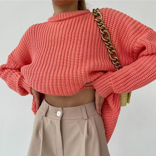 Women Solid Knitted Thickening Oversized Sweater Female Round Neck Long Sleeve Casual Loose Pullovers Top 2021 Autumn Winter