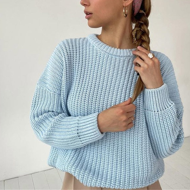 Women Solid Knitted Thickening Oversized Sweater Female Round Neck Long Sleeve Casual Loose Pullovers Top 2021 Autumn Winter