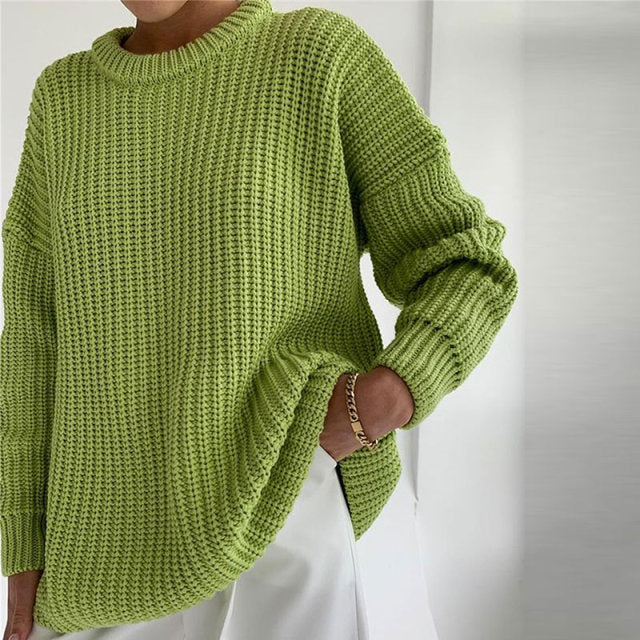 Women Solid Knitted Thickening Oversized Sweater Female Round Neck Long Sleeve Casual Loose Pullovers Top 2021 Autumn Winter