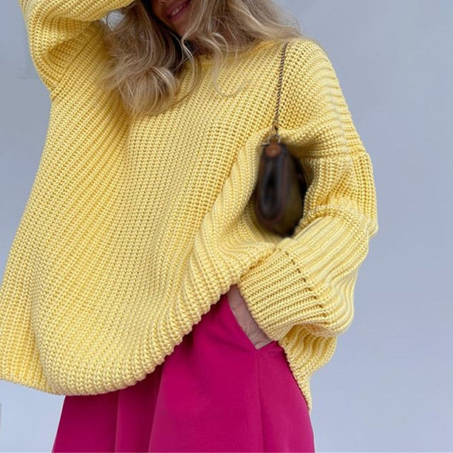 Women Solid Knitted Thickening Oversized Sweater Female Round Neck Long Sleeve Casual Loose Pullovers Top 2021 Autumn Winter