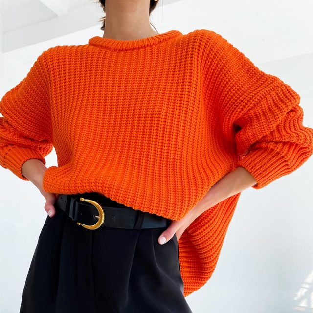 Women Solid Knitted Thickening Oversized Sweater Female Round Neck Long Sleeve Casual Loose Pullovers Top 2021 Autumn Winter