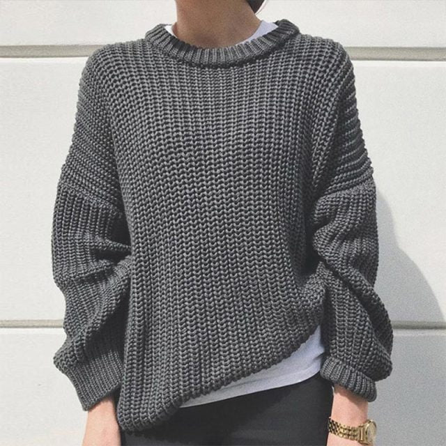 Women Solid Knitted Thickening Oversized Sweater Female Round Neck Long Sleeve Casual Loose Pullovers Top 2021 Autumn Winter