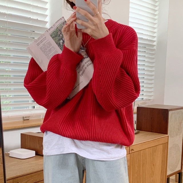 Women Solid Knitted Thickening Oversized Sweater Female Round Neck Long Sleeve Casual Loose Pullovers Top 2021 Autumn Winter