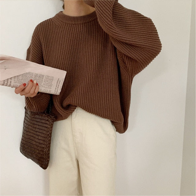 Women Solid Knitted Thickening Oversized Sweater Female Round Neck Long Sleeve Casual Loose Pullovers Top 2021 Autumn Winter