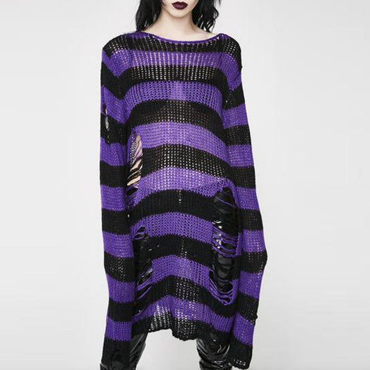 Halloween 200 Gothic Knitted Sweater Women Long Pullovers Striped Loose Winter Ripped One Size Sweaters Jumpers Mujer Jersey