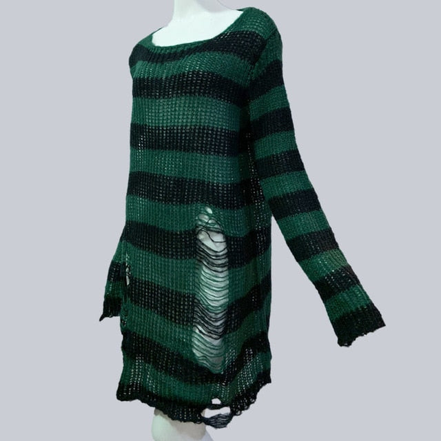 Halloween 200 Gothic Knitted Sweater Women Long Pullovers Striped Loose Winter Ripped One Size Sweaters Jumpers Mujer Jersey