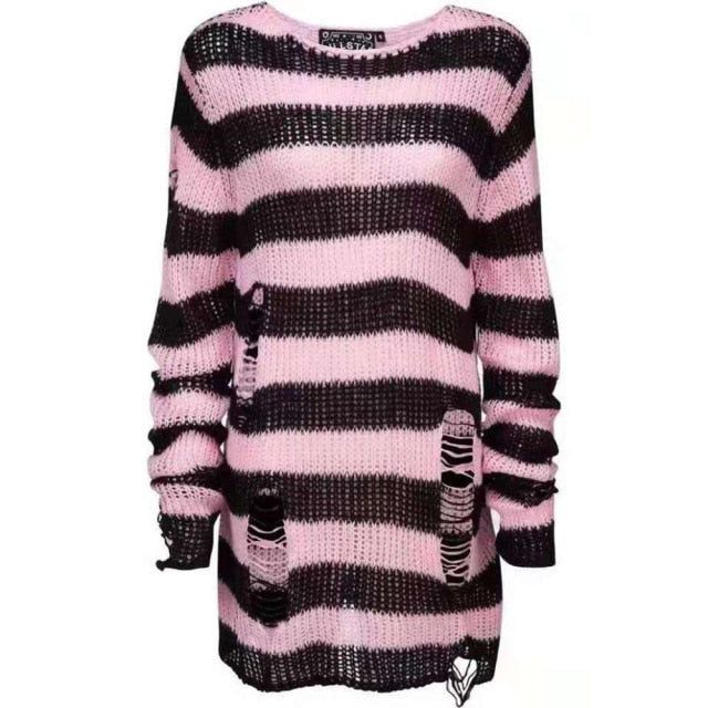 Halloween 200 Gothic Knitted Sweater Women Long Pullovers Striped Loose Winter Ripped One Size Sweaters Jumpers Mujer Jersey