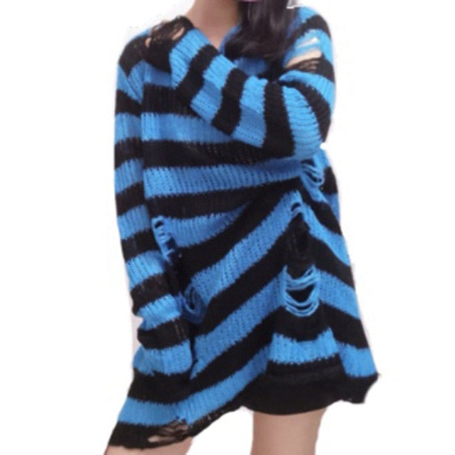 Halloween 200 Gothic Knitted Sweater Women Long Pullovers Striped Loose Winter Ripped One Size Sweaters Jumpers Mujer Jersey