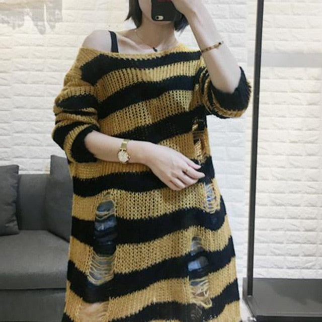 Halloween 200 Gothic Knitted Sweater Women Long Pullovers Striped Loose Winter Ripped One Size Sweaters Jumpers Mujer Jersey