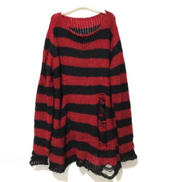 Halloween 200 Gothic Knitted Sweater Women Long Pullovers Striped Loose Winter Ripped One Size Sweaters Jumpers Mujer Jersey