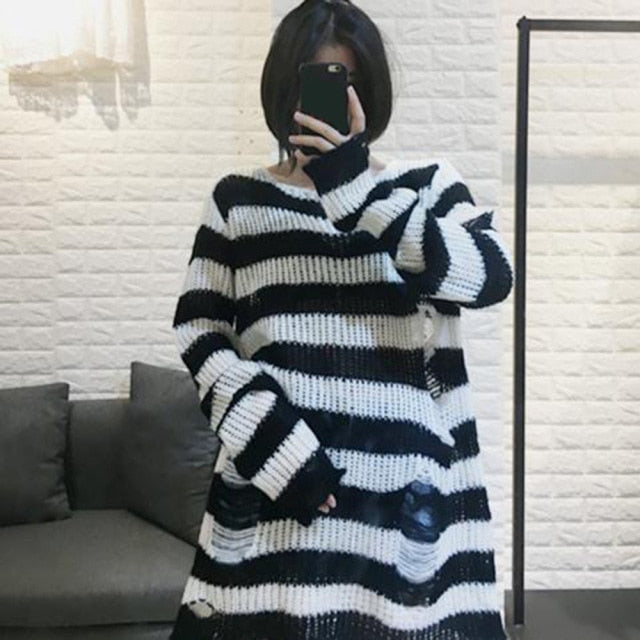 Halloween 200 Gothic Knitted Sweater Women Long Pullovers Striped Loose Winter Ripped One Size Sweaters Jumpers Mujer Jersey