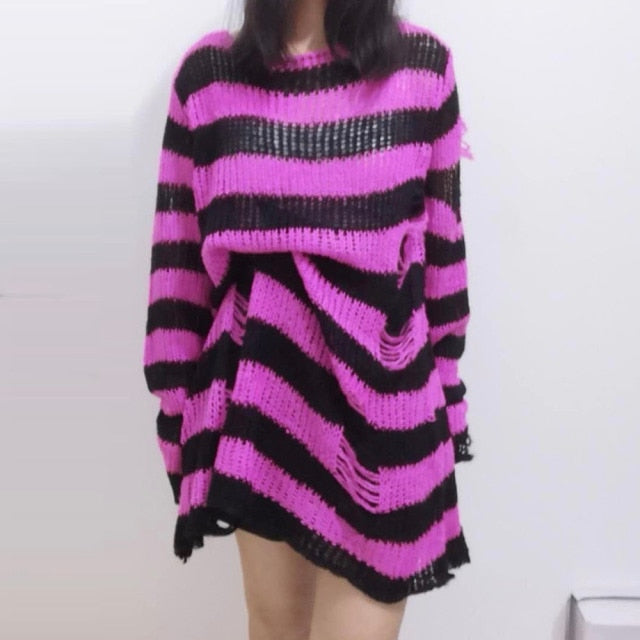 Halloween 200 Gothic Knitted Sweater Women Long Pullovers Striped Loose Winter Ripped One Size Sweaters Jumpers Mujer Jersey