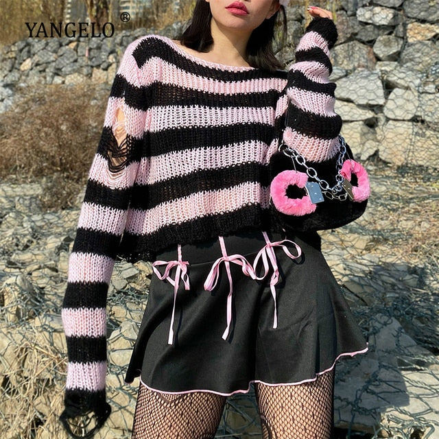 Halloween 200 Gothic Knitted Sweater Women Long Pullovers Striped Loose Winter Ripped One Size Sweaters Jumpers Mujer Jersey