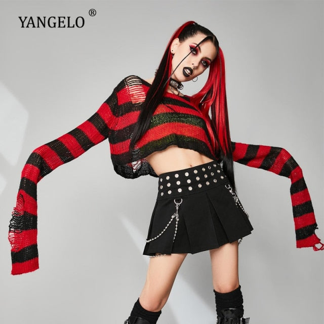 Halloween 200 Gothic Knitted Sweater Women Long Pullovers Striped Loose Winter Ripped One Size Sweaters Jumpers Mujer Jersey