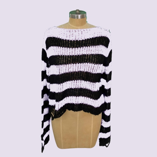 Halloween 200 Gothic Knitted Sweater Women Long Pullovers Striped Loose Winter Ripped One Size Sweaters Jumpers Mujer Jersey