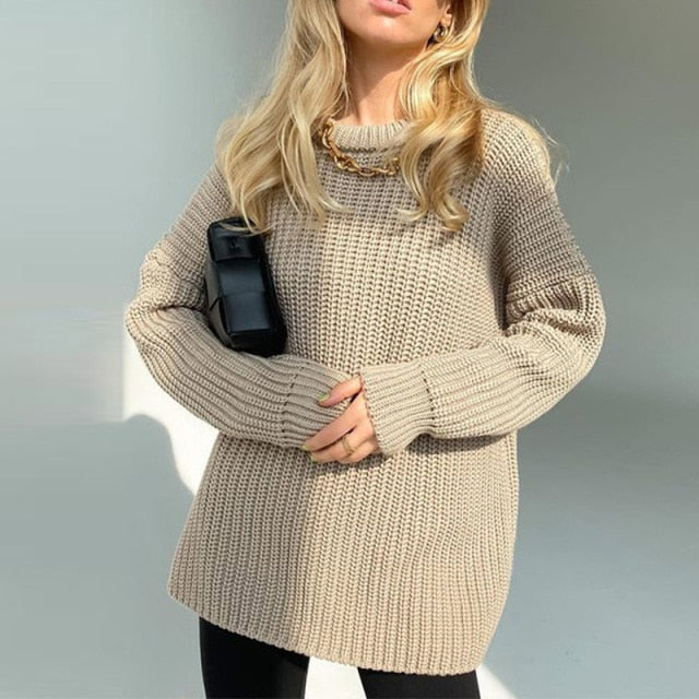 Women Solid Knitted Thickening Oversized Sweater Female Round Neck Long Sleeve Casual Loose Pullovers Top 2021 Autumn Winter