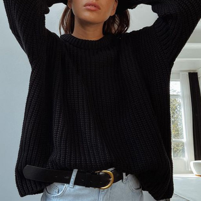 Women Solid Knitted Thickening Oversized Sweater Female Round Neck Long Sleeve Casual Loose Pullovers Top 2021 Autumn Winter