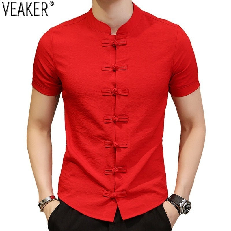 2019 New Men's Chinese Vintage Shirt Mandarin Collar Slim Fit Short Sleeves Cotton Linen Shirt White Red Black Casual Shirt Tops