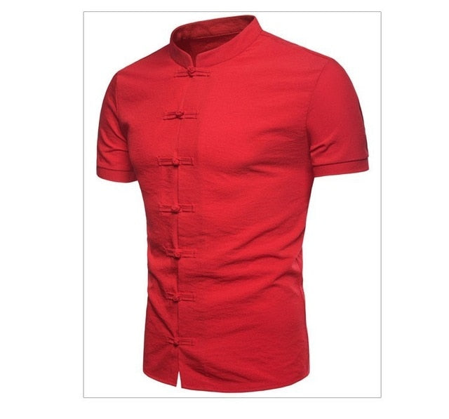 2019 New Men's Chinese Vintage Shirt Mandarin Collar Slim Fit Short Sleeves Cotton Linen Shirt White Red Black Casual Shirt Tops